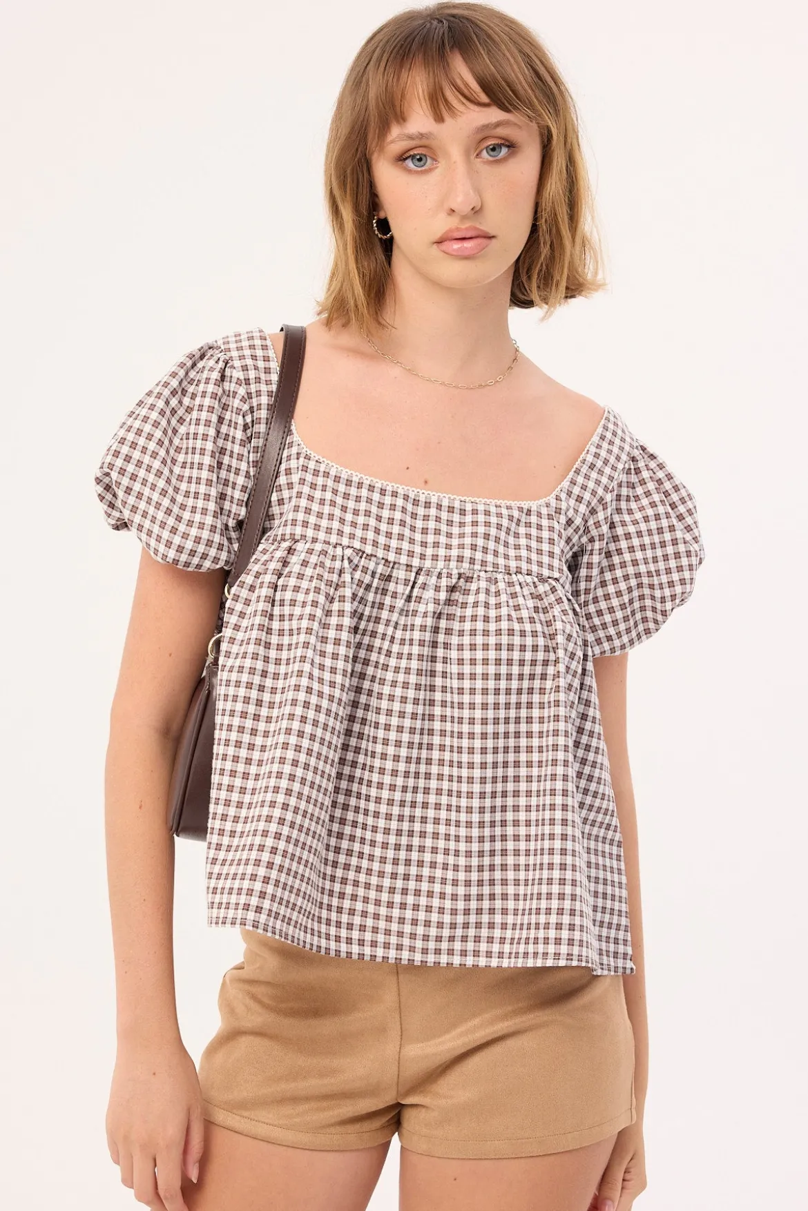 Adele Babydoll Top Brown Check