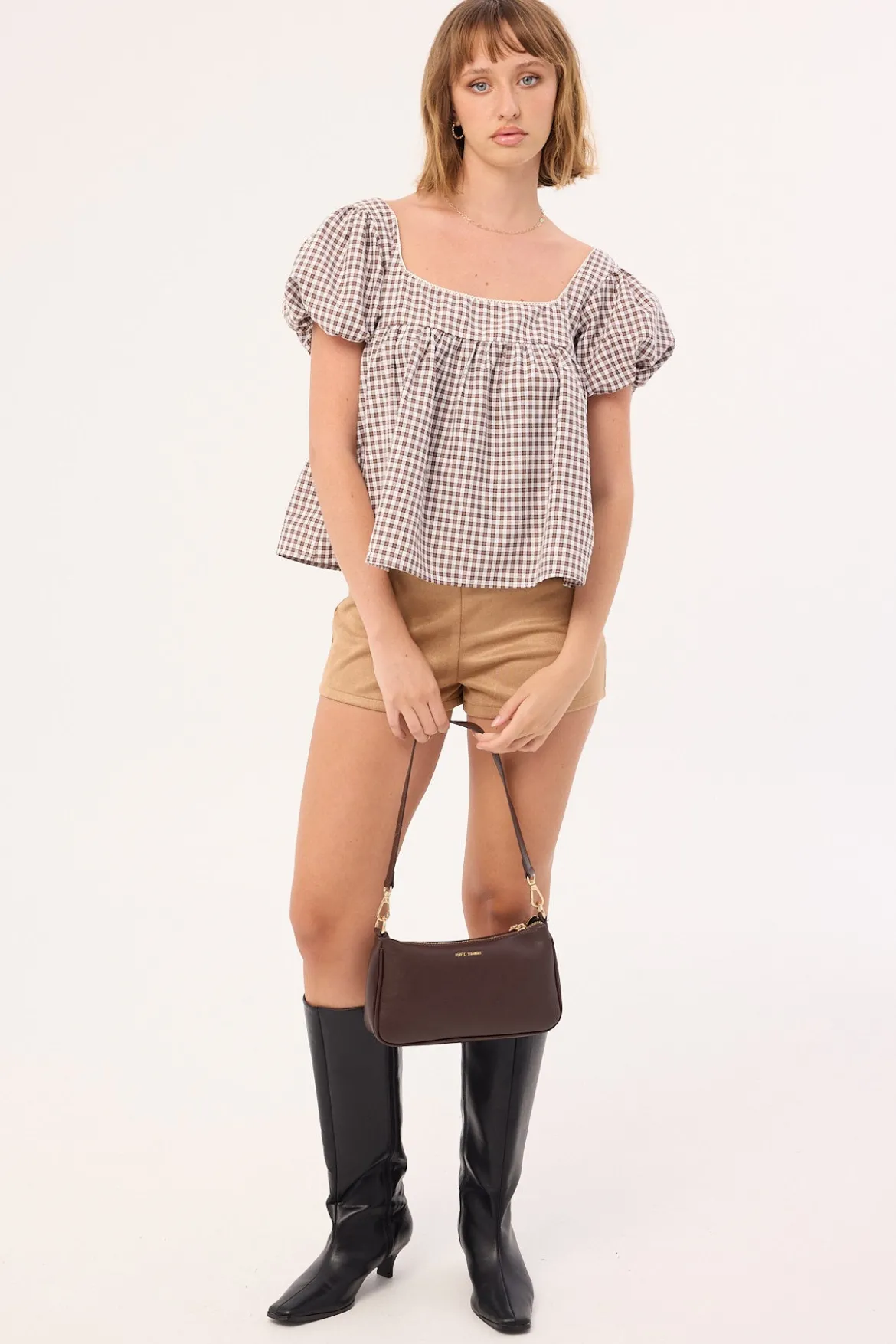 Adele Babydoll Top Brown Check