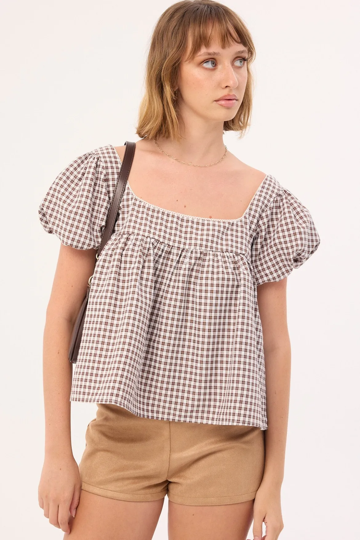 Adele Babydoll Top Brown Check