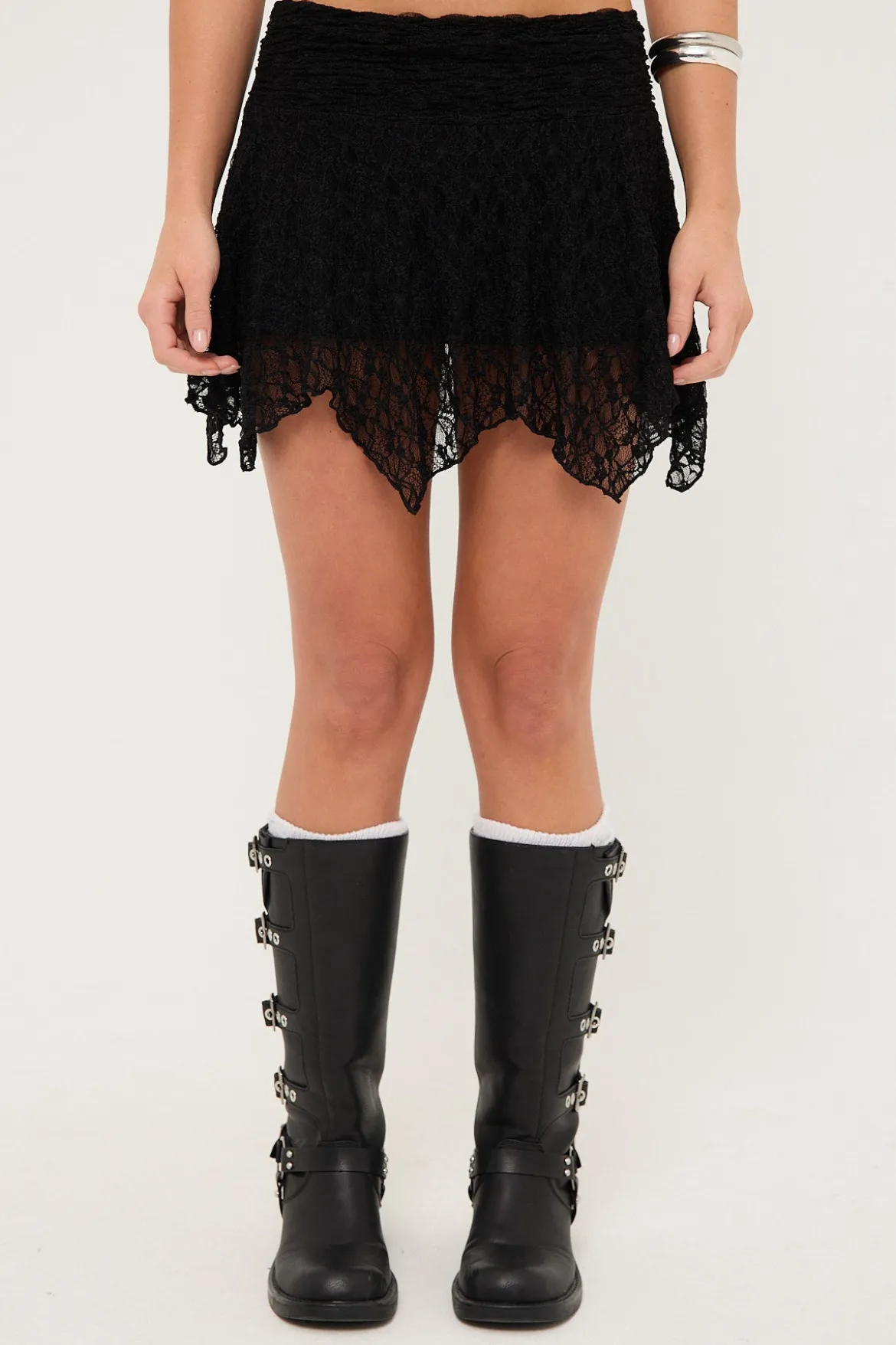 Adeline Asymmetrical Lace Mini Skirt Black