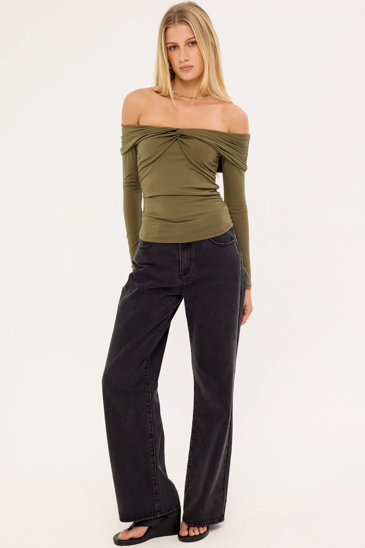 Akira Long Sleeve Twist Top Khaki Green