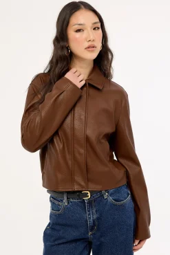 Alena Collared PU Jacket Chestnut Brown