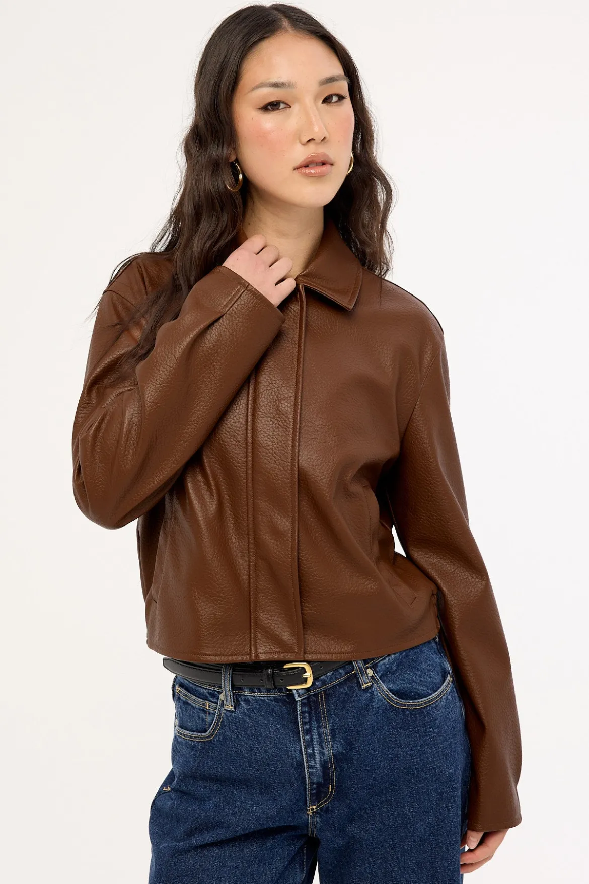 Alena Collared PU Jacket Chestnut Brown