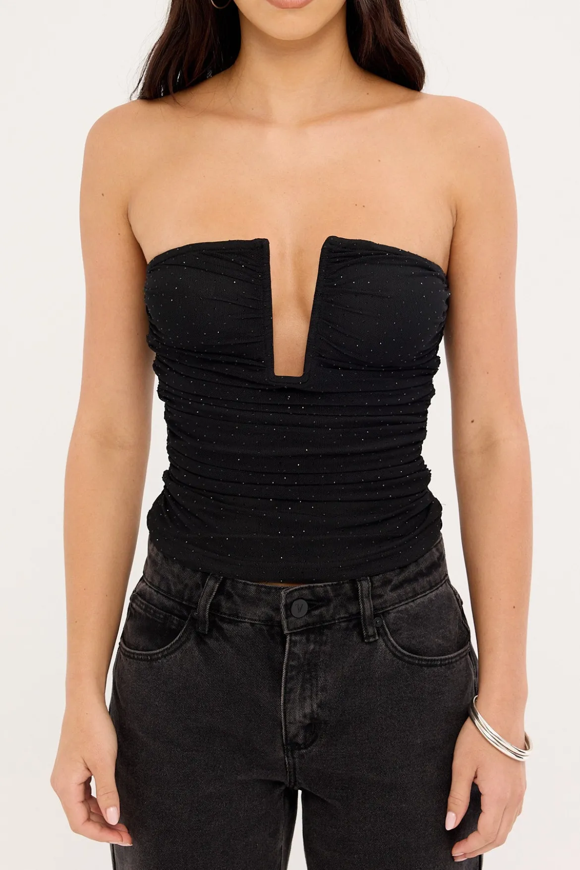Alicia Shimmer Strapless Top Black