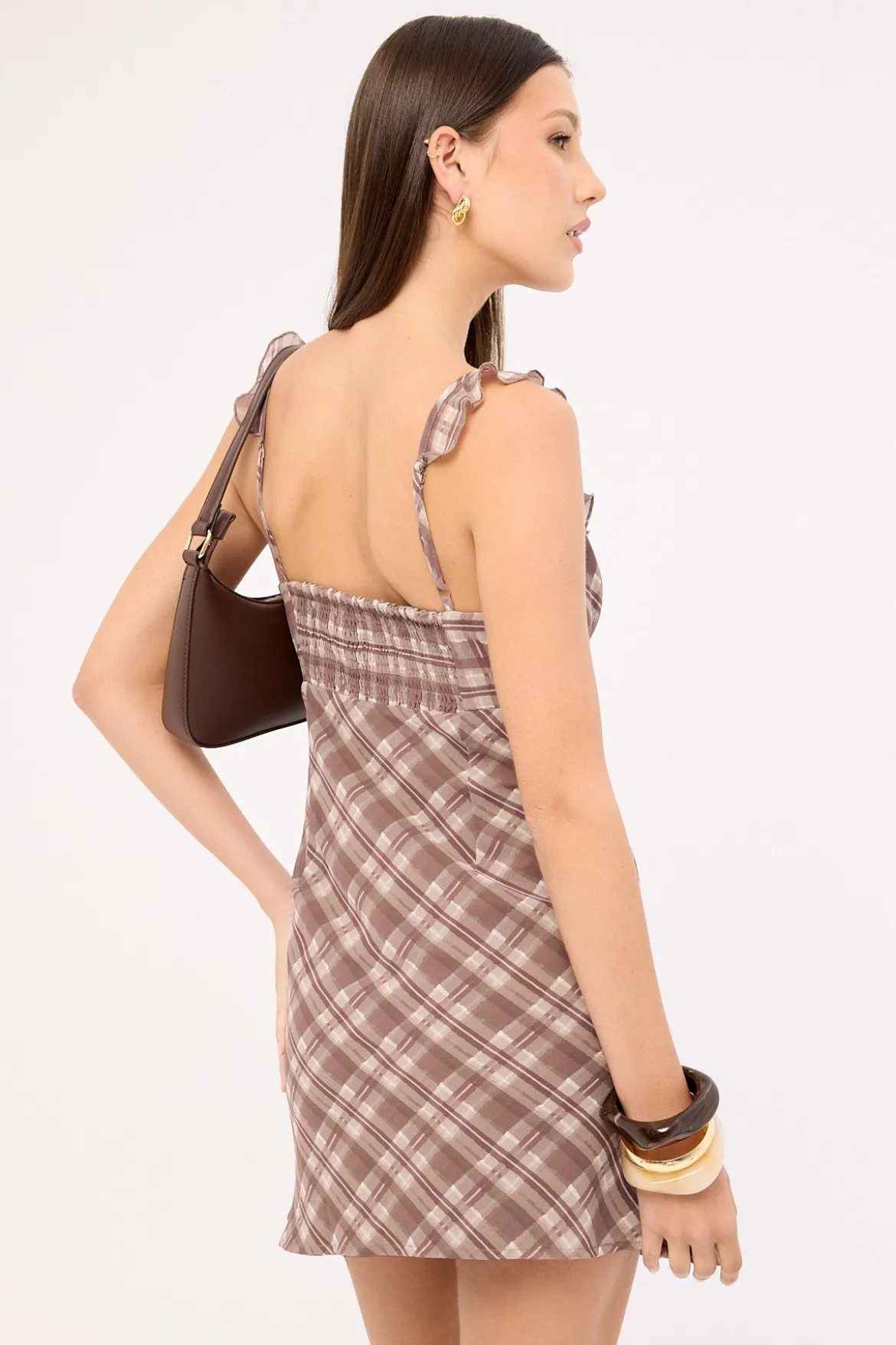 Alina Chiffon Mini Dress Brown Plaid