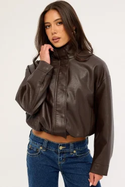 Amerie Funnel Neck Zip Up PU Jacket Brown