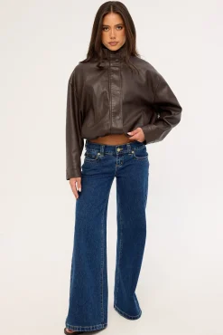 Amerie Funnel Neck Zip Up PU Jacket Brown