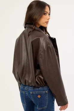 Amerie Funnel Neck Zip Up PU Jacket Brown