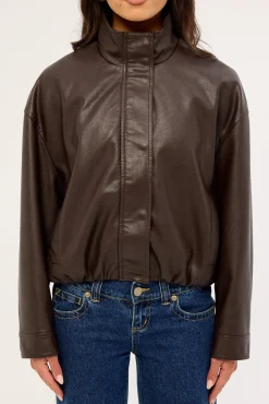 Amerie Funnel Neck Zip Up PU Jacket Brown