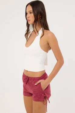 Andie Elasticated Tie Short Burgundy Check