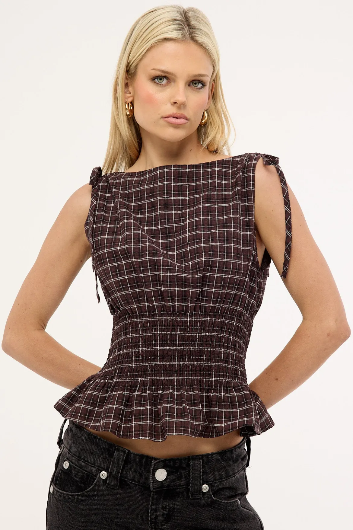 Andie Ruched Tie Top Brown Check