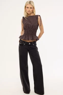 Andie Ruched Tie Top Brown Check