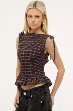 Andie Ruched Tie Top Brown Check