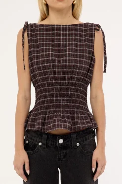 Andie Ruched Tie Top Brown Check