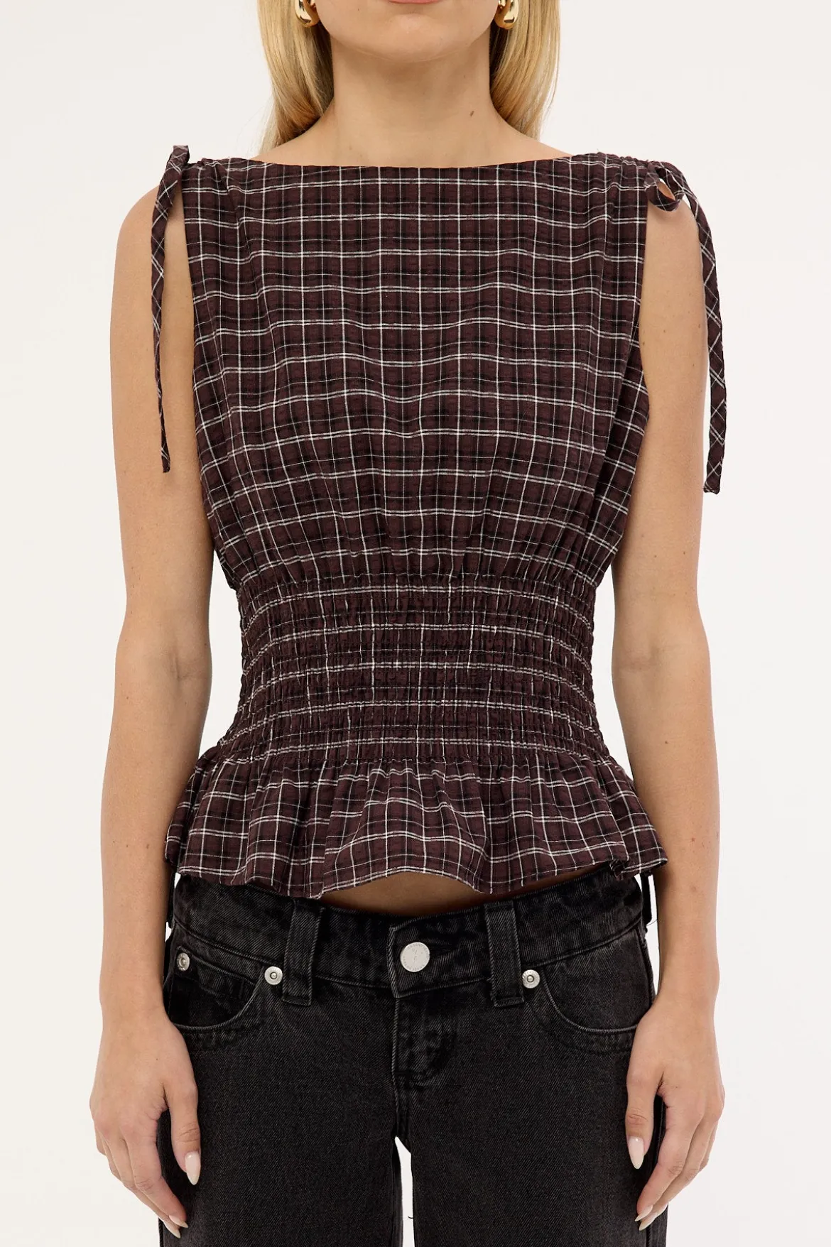 Andie Ruched Tie Top Brown Check
