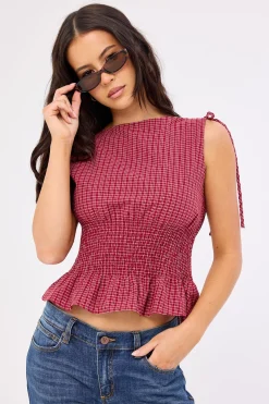 Andie Ruched Tie Top Burgundy Check