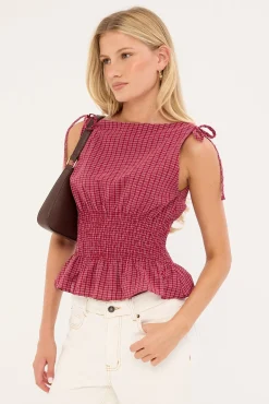 Andie Ruched Tie Top Burgundy Check
