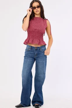 Andie Ruched Tie Top Burgundy Check