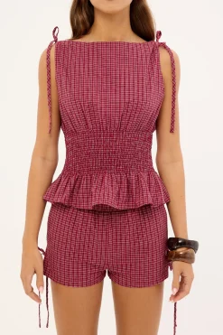 Andie Ruched Tie Top Burgundy Check