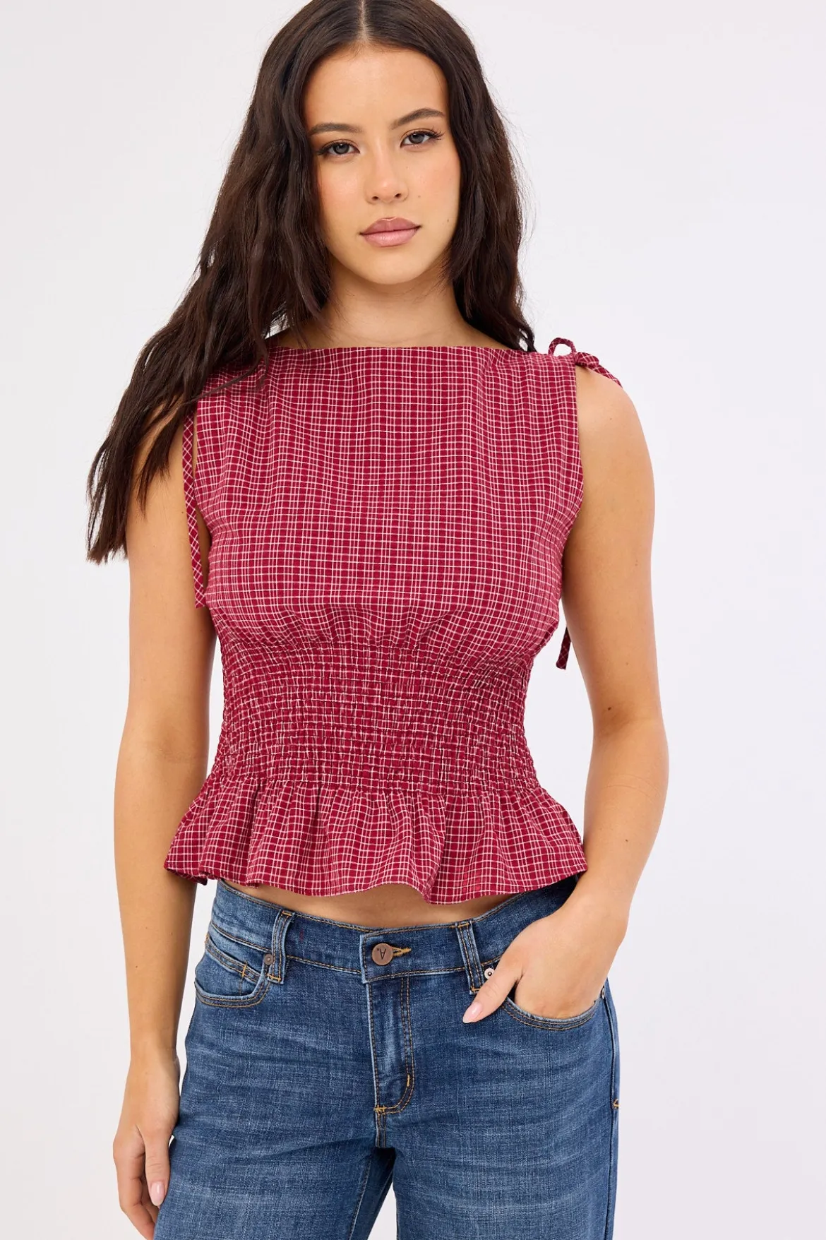Andie Ruched Tie Top Burgundy Check