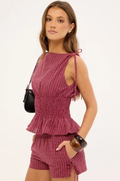 Andie Ruched Tie Top Burgundy Check