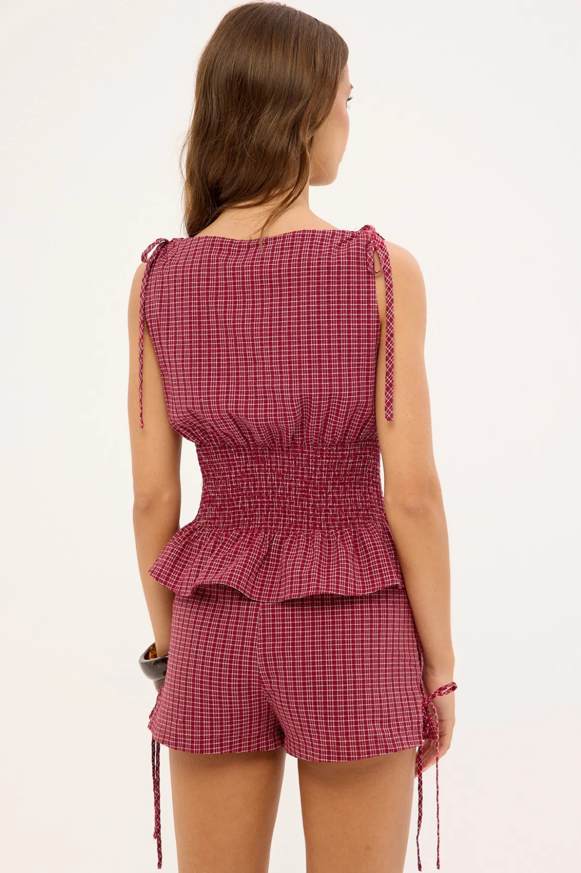 Andie Ruched Tie Top Burgundy Check