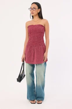 Andie Shirred Mini Dress Burgundy Check