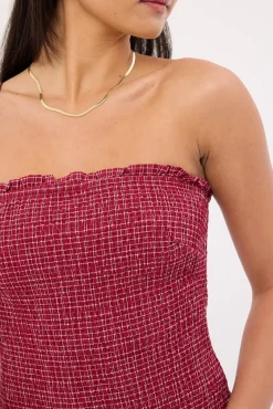 Andie Shirred Mini Dress Burgundy Check