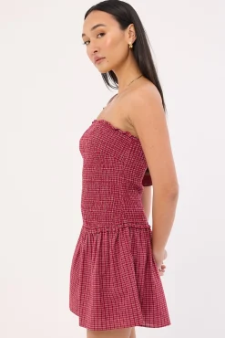 Andie Shirred Mini Dress Burgundy Check