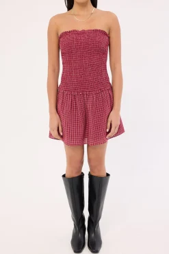 Andie Shirred Mini Dress Burgundy Check