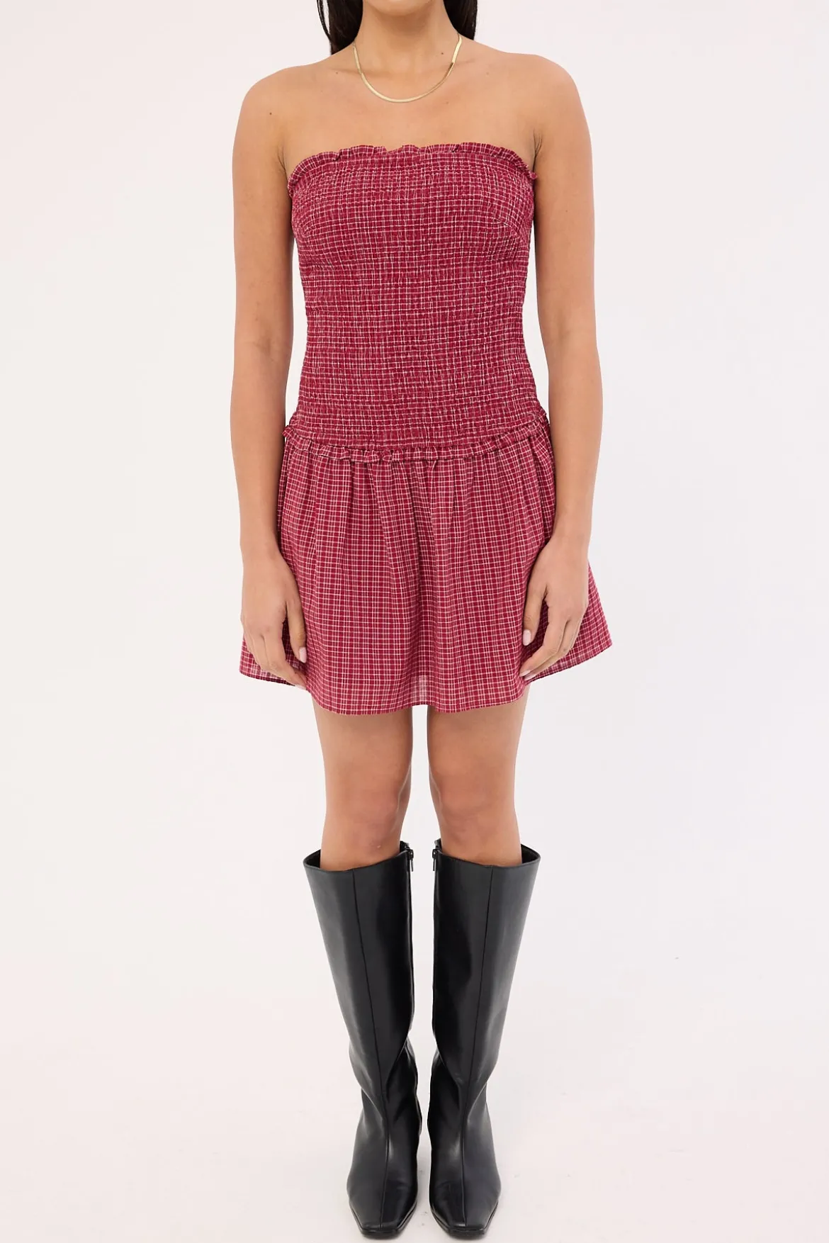 Andie Shirred Mini Dress Burgundy Check