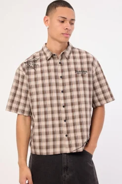 Arachnid Oversize Cropped Shirt Brown/Taupe Check