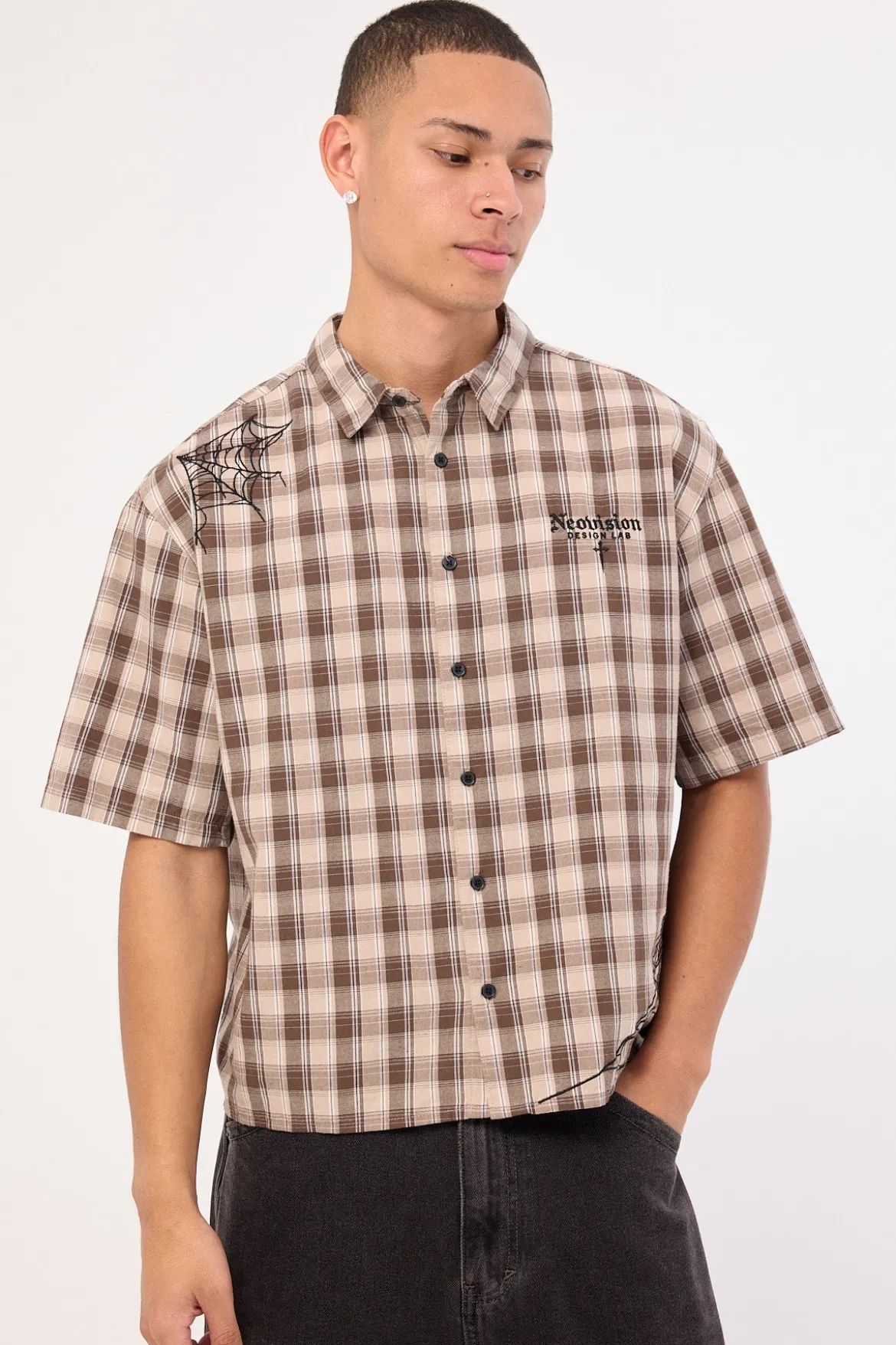 Arachnid Oversize Cropped Shirt Brown/Taupe Check
