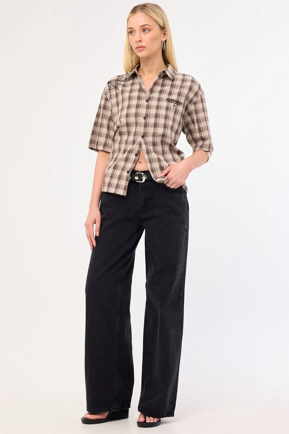 Arachnid Oversize Cropped Shirt Brown/Taupe Check