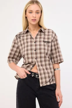 Arachnid Oversize Cropped Shirt Brown/Taupe Check