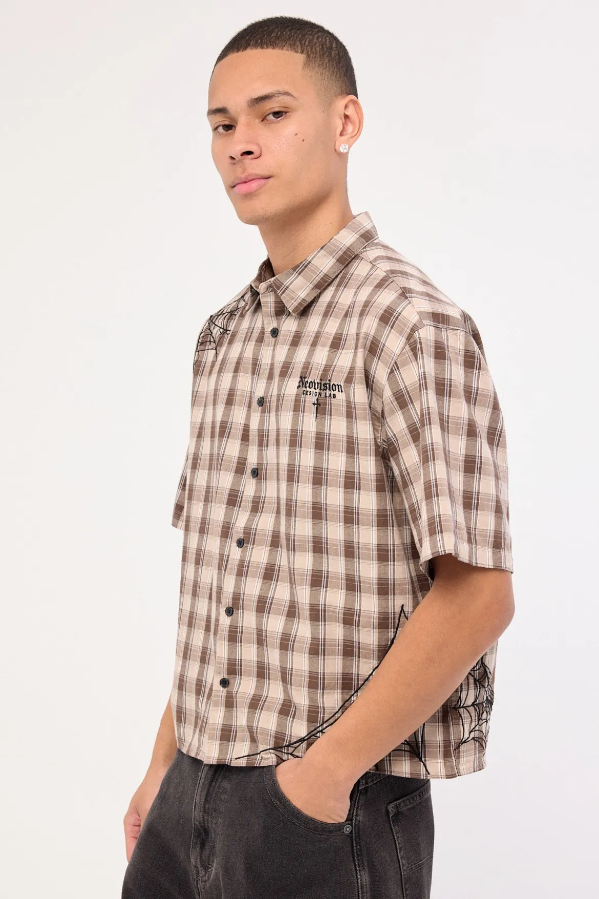 Arachnid Oversize Cropped Shirt Brown/Taupe Check