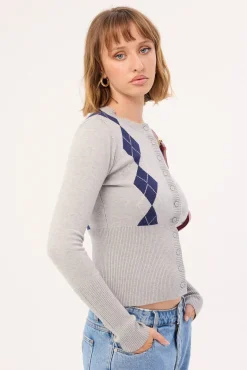 Argyle Knit Cardigan Grey Argyle
