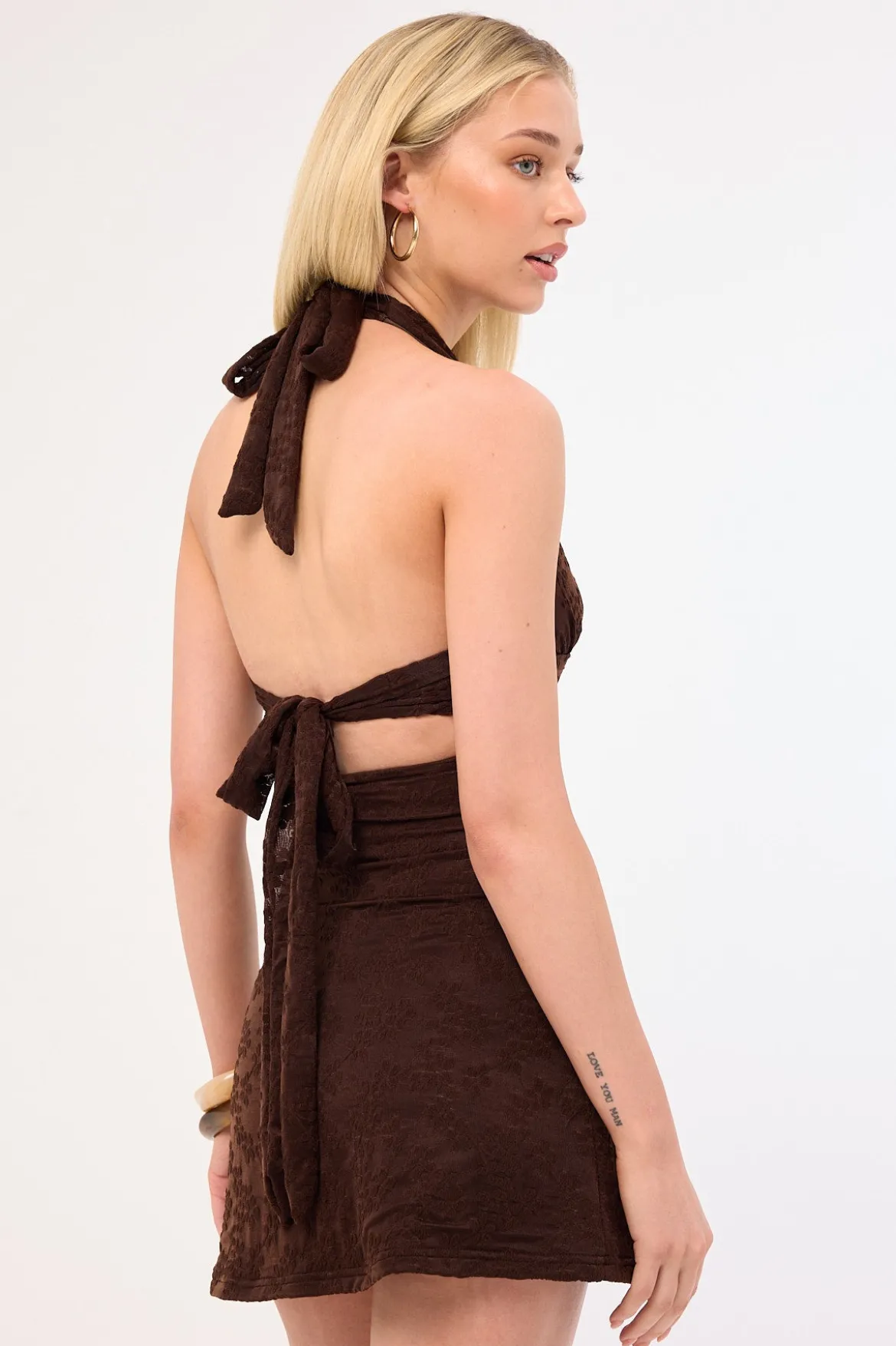Aster Halter Tie Back Mini Dress Brown