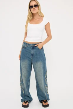 At Peace Big Baggy Jean Dirty Mid Blue