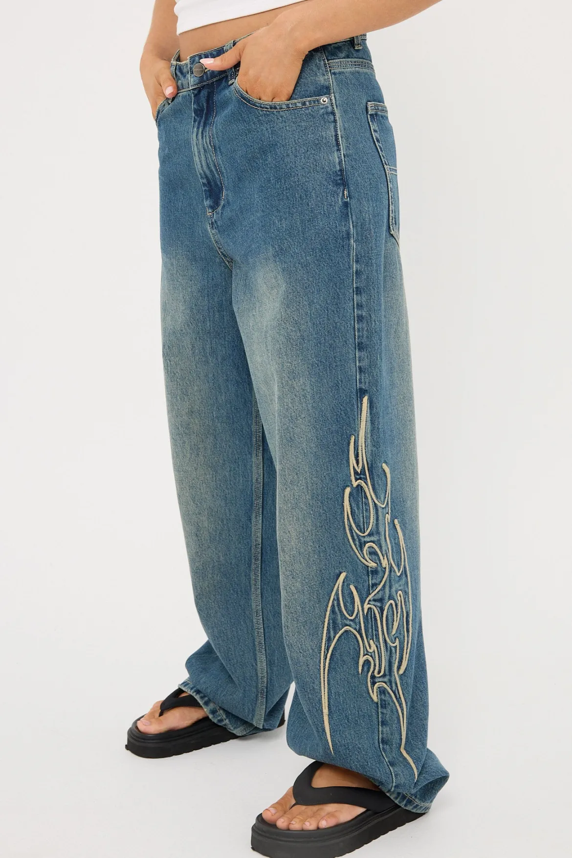 At Peace Big Baggy Jean Dirty Mid Blue