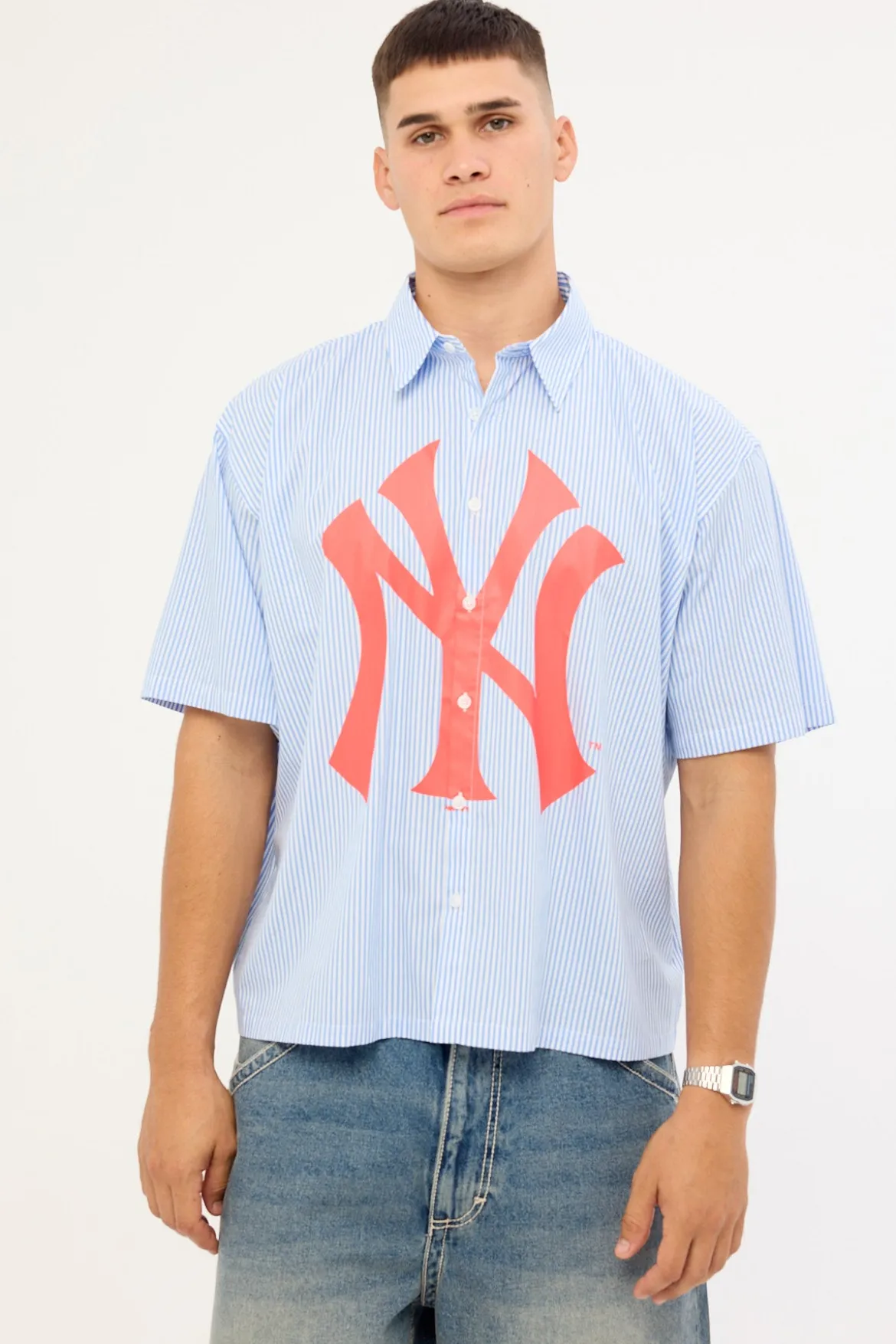 Athletic NY Yankees Graphic Boxy Crop Stripe Shirt Blue