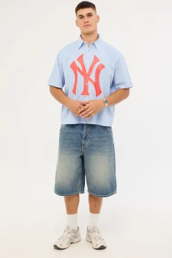 Athletic NY Yankees Graphic Boxy Crop Stripe Shirt Blue
