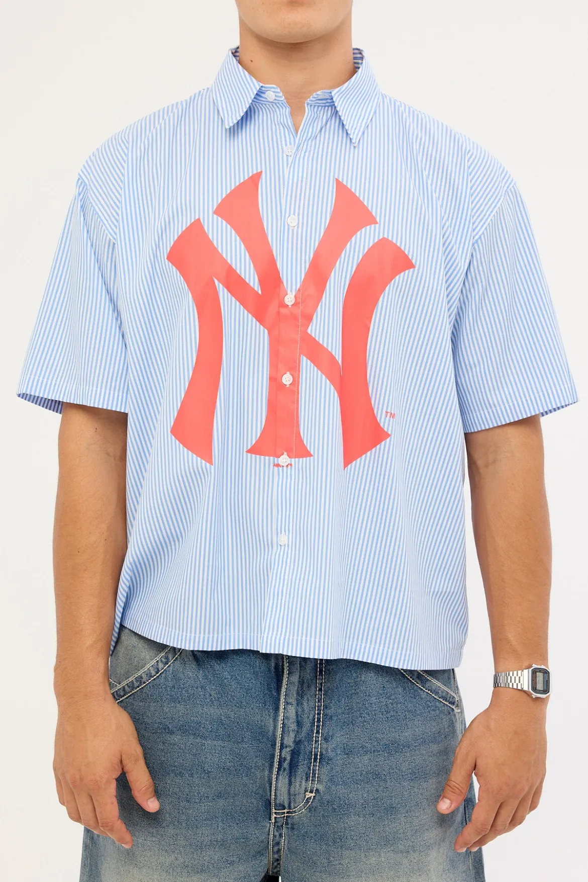 Athletic NY Yankees Graphic Boxy Crop Stripe Shirt Blue