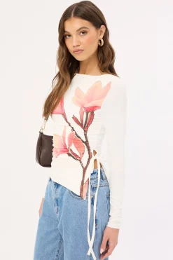 August Asymmetrical Long Sleeve Top White Print