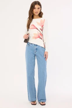 August Asymmetrical Long Sleeve Top White Print