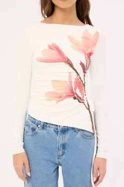 August Asymmetrical Long Sleeve Top White Print