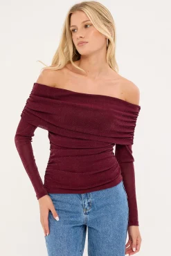 Bella Off Shoulder Long Sleeve Top Burgundy