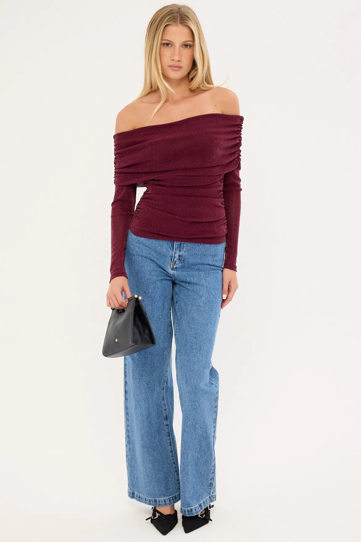 Bella Off Shoulder Long Sleeve Top Burgundy
