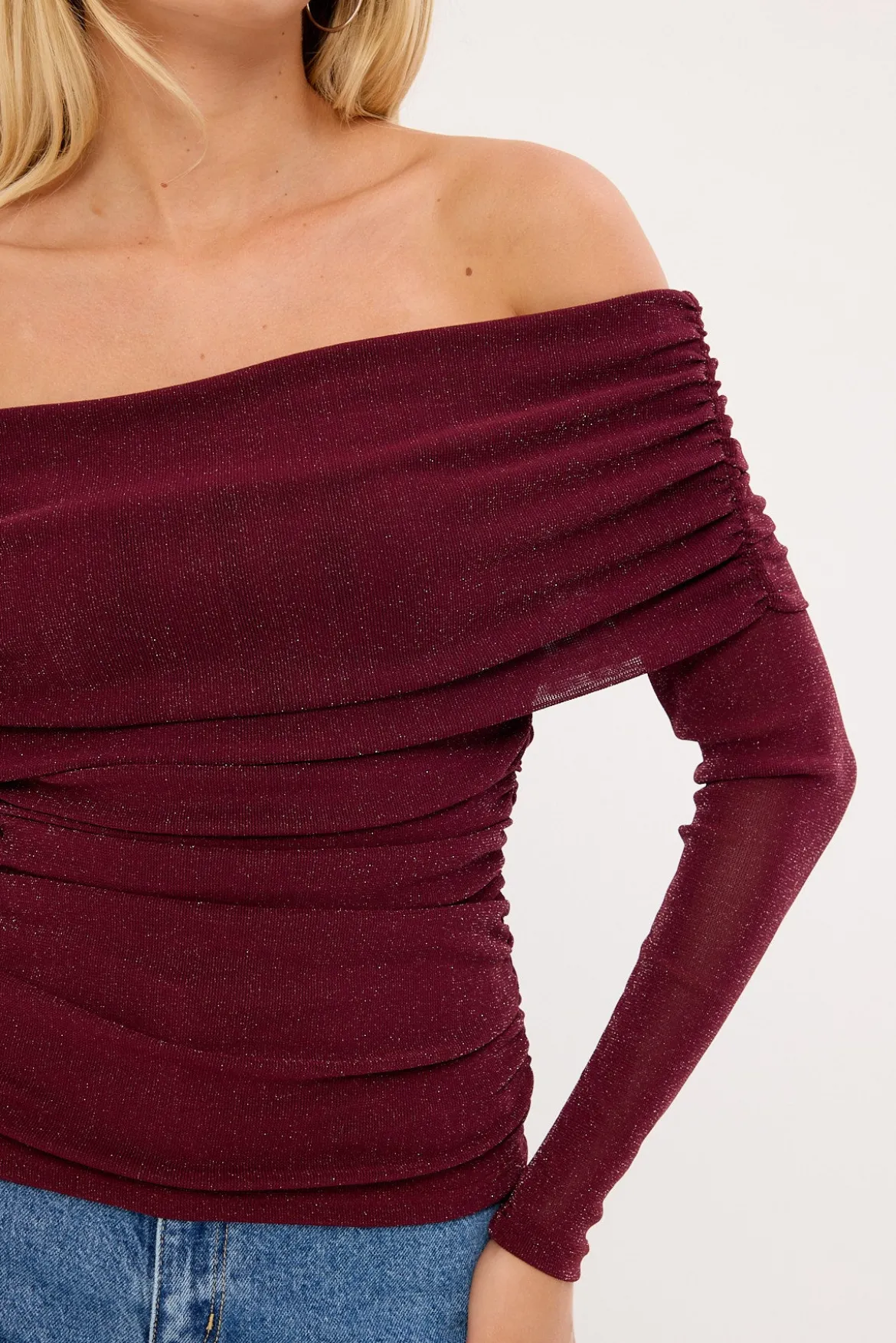 Bella Off Shoulder Long Sleeve Top Burgundy