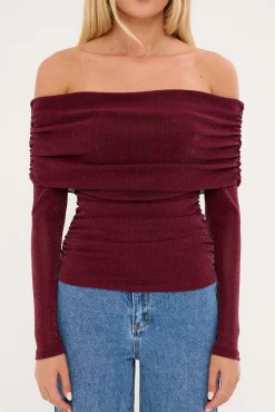 Bella Off Shoulder Long Sleeve Top Burgundy